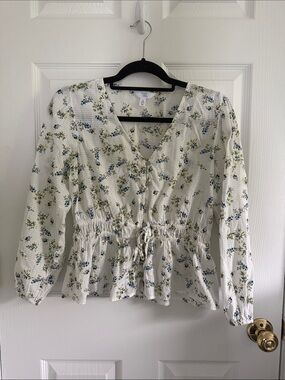 Time and Tru White Floral Drawstring Peplum Blouse with Blue & Green